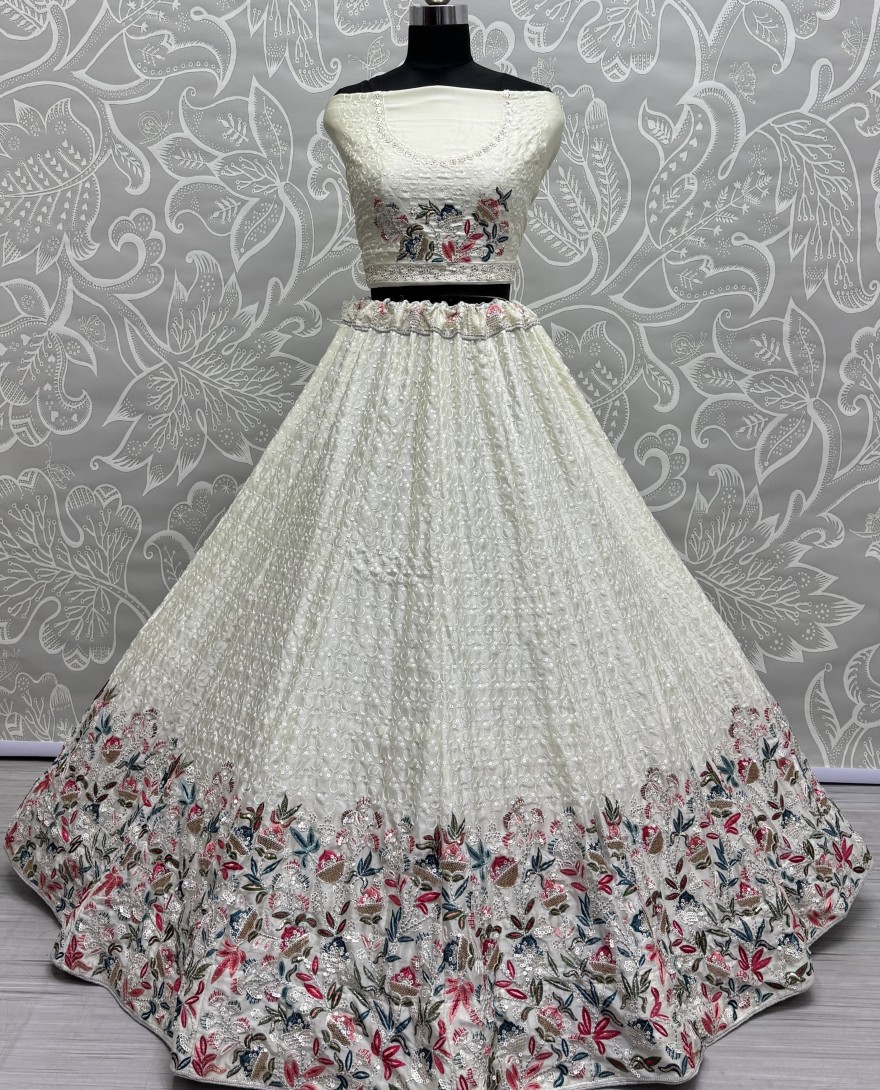 2811 - Beautiful Flower Pattern White embroidery and Thread work design Partywear Lehengacholi 